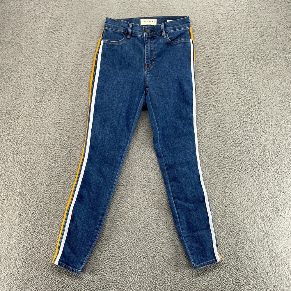 PacSun Dark Blue Skinny Jeans with White and Yellow Side Stripes